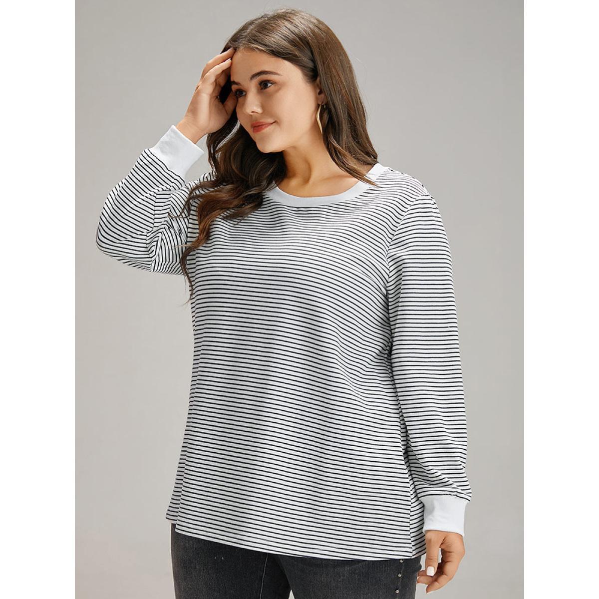 Plus Size Cotton Striped Striped Sweatshirt Women Indigo Casual Elastic cuffs Round Neck Everyday Sweatshirts BloomChic 12/L Product Image