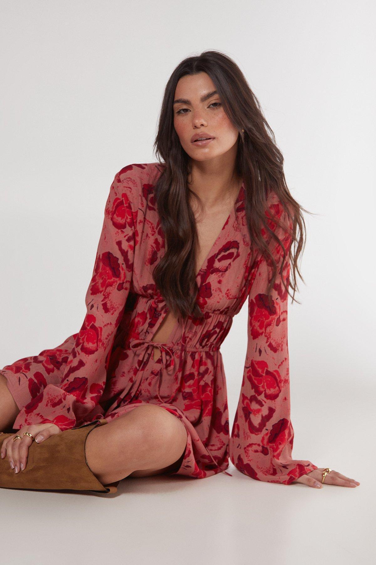 Floral Ruched Tie Front Fluted Sleeve Tunic Dress Product Image