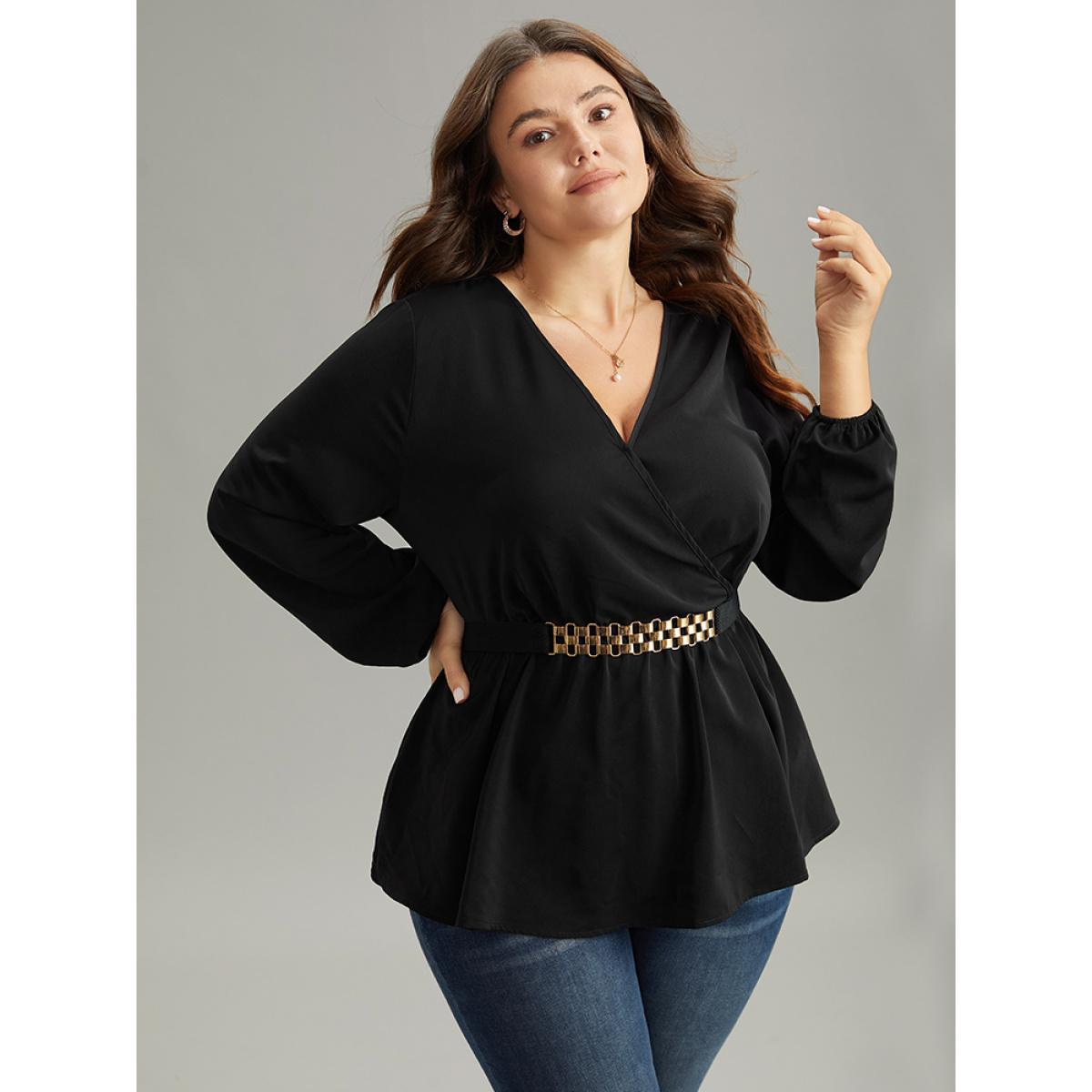 Plus Size Black Solid Wrap Flutters Style Accents Belted Blouse Women Office Long Sleeve V-neck Work Blouses BloomChic 12/L Product Image