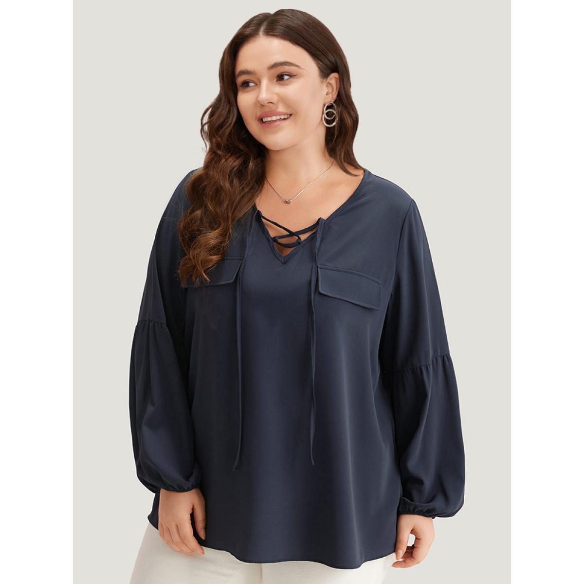 Plus Size Indigo Solid Elastic Cuffs Lace Up Blouse Women Office Long Sleeve V-neck Work Blouses BloomChic 22-24/3X Product Image