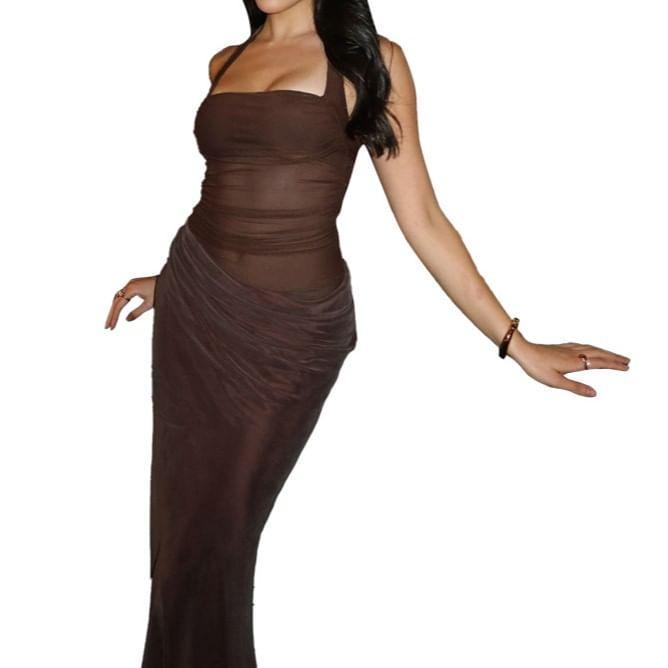 Halter-Neck Plain Shirred Cutout Midi Mermaid Dress Product Image