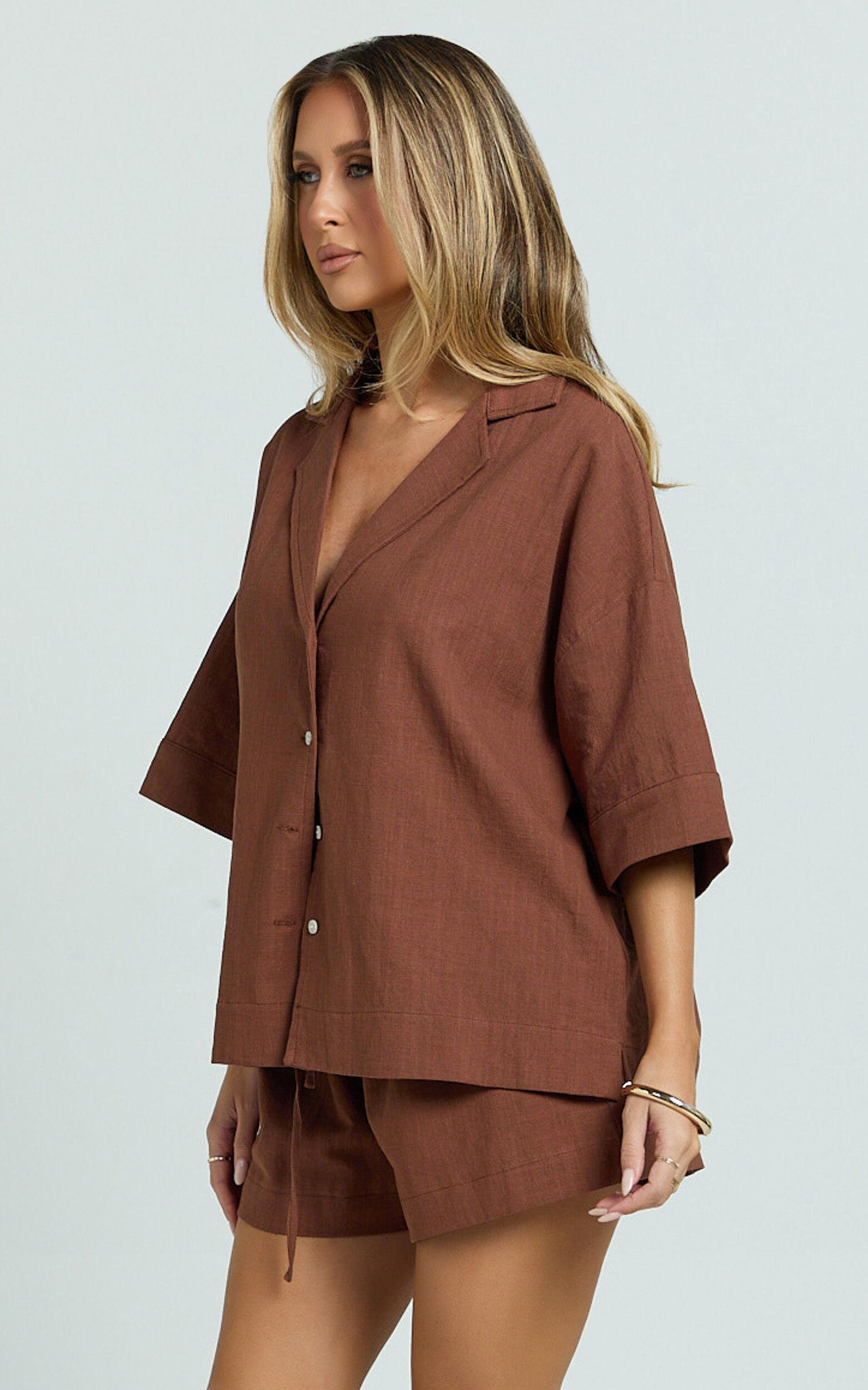 Saina Two Piece Set - Button Through Shirt and Drawstring Shorts Set in Chocolate Product Image