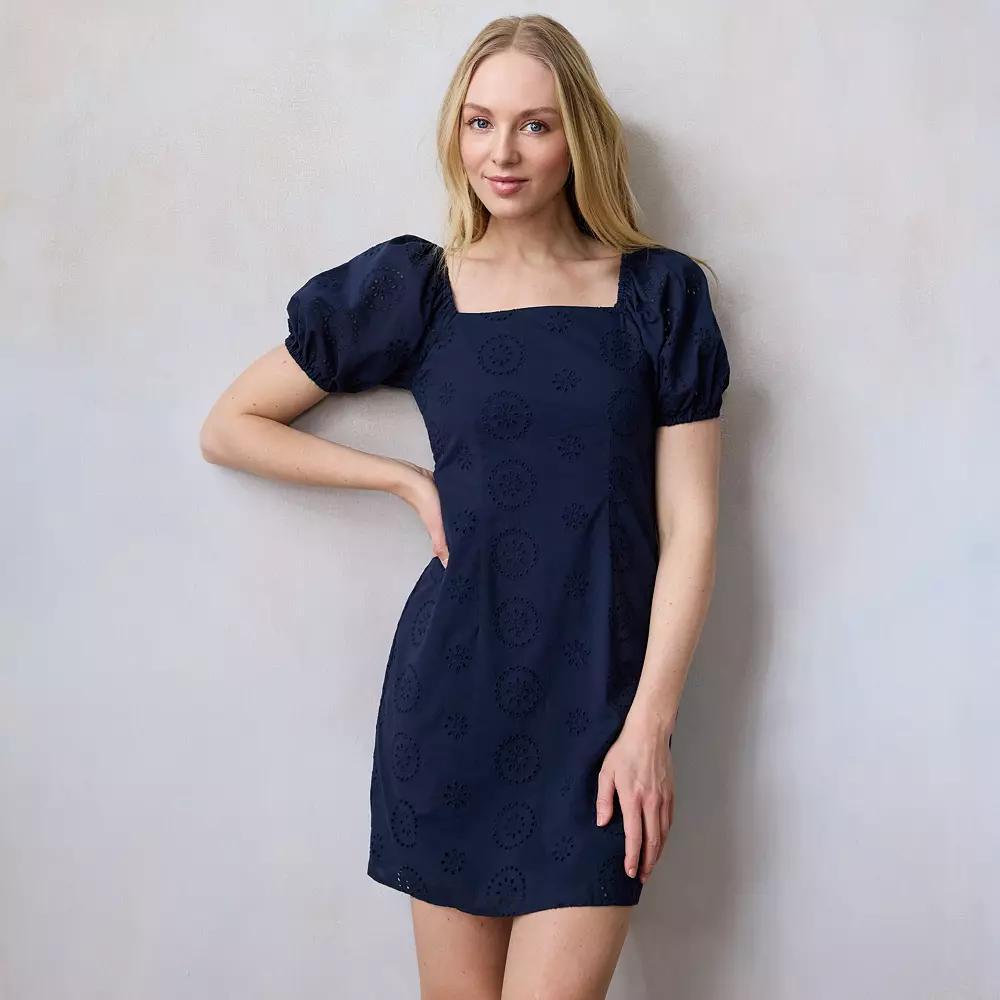 Petite LC Lauren Conrad Puff Sleeve Square Neck Mini Dress, Women's, Size: XL Petite, Blue Water Product Image