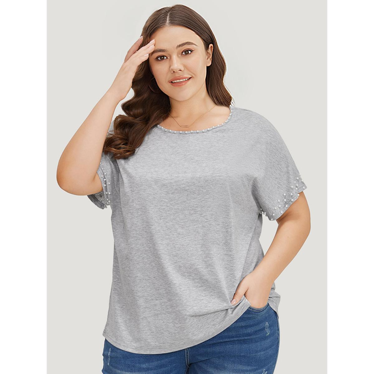 Plus Size Plain Heather Pearl Beaded Crew Neck T-shirt Gray Women Elegant Beaded Plain Round Neck Dailywear T-shirts BloomChic 22-24/3X Product Image