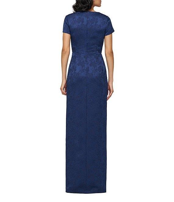 JS Collections Aidy V-Neck Short Sleeve Ruffle Front Stretch Jacquard Column Gown Product Image