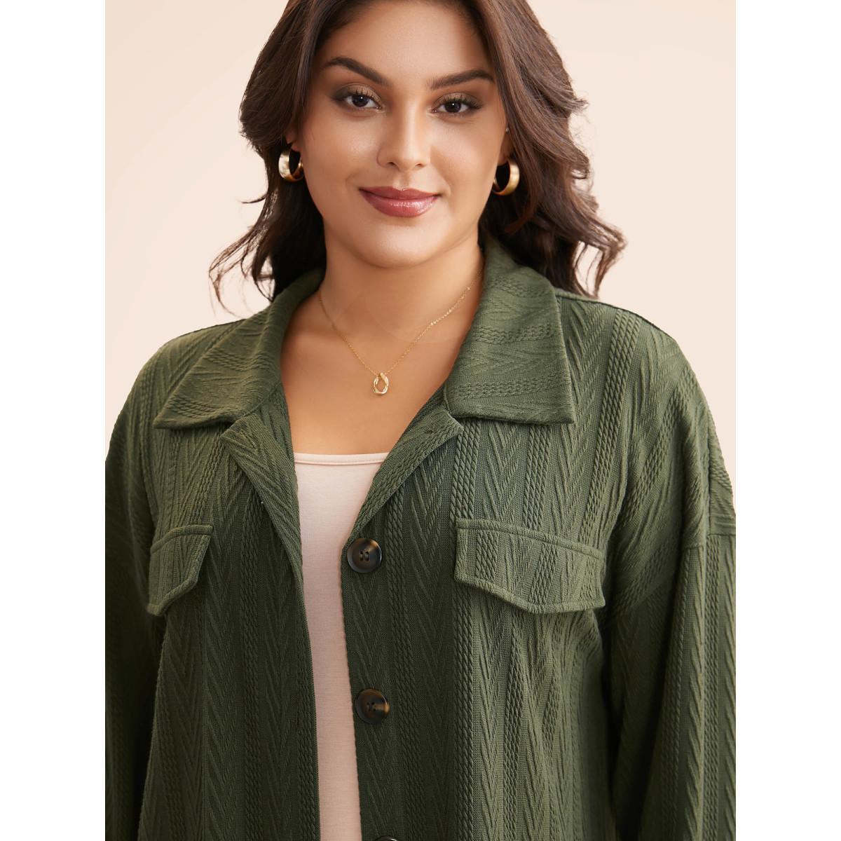 Plus Size Textured Flap Detail Arc Hem Jacket Women ArmyGreen Texture Everyday Jackets BloomChic 12/L Product Image