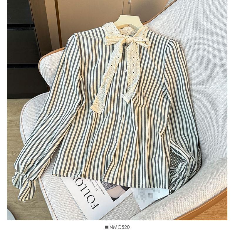 Lace-Neckline Striped Loose Shirt Product Image