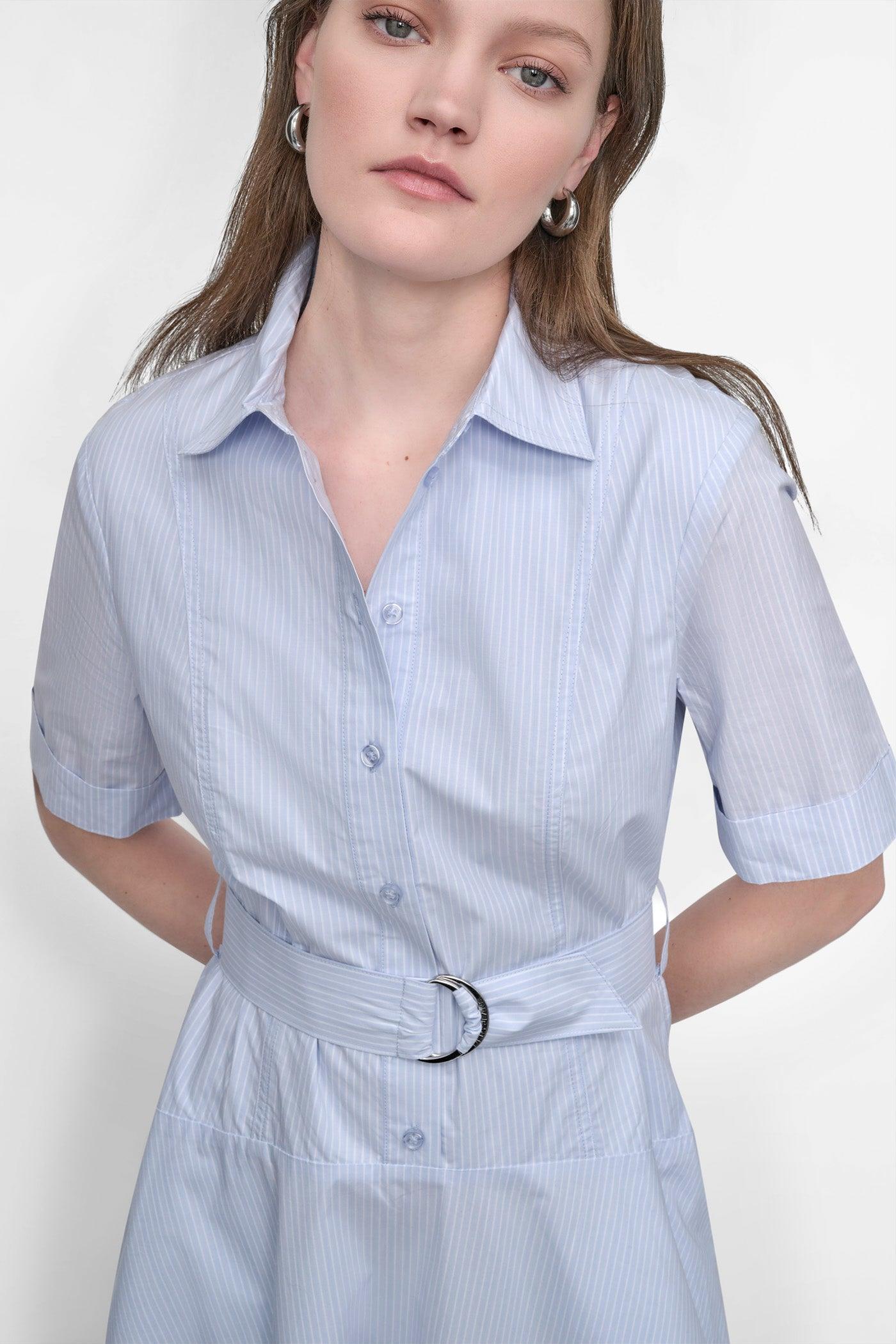 BELTED PINSTRIPED MIDI SHIRT DRESS Product Image