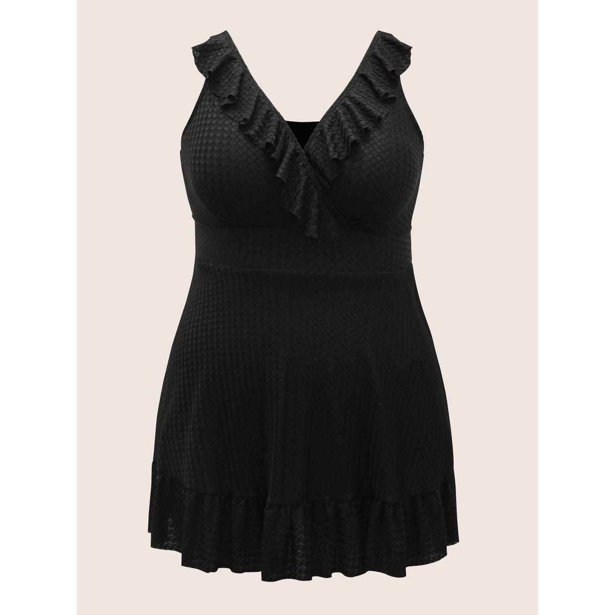 Plus Size V Neck Solid Textured Ruffle Trim Swim Dress Women's Swimwear Black Beach Bodycon V-neck High stretch Curve Swim Dresses BloomChic 14-16/1X Product Image