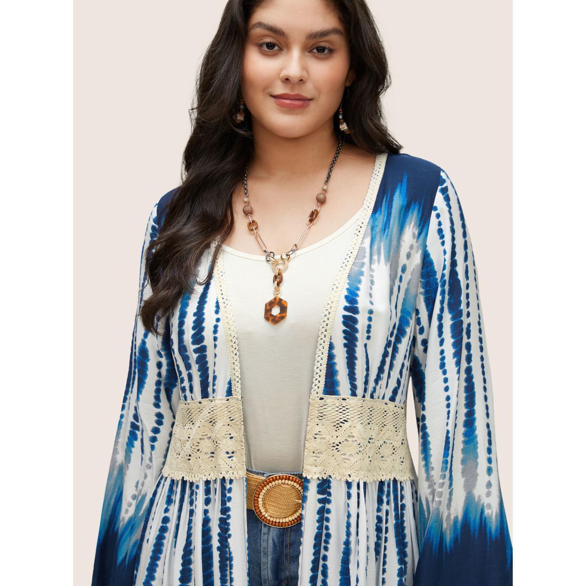 Plus Size Tie Dye Guipure Lace Waist Trim Kimono Women Blue Resort Tie Dye Vacation Kimonos BloomChic 10/M Product Image