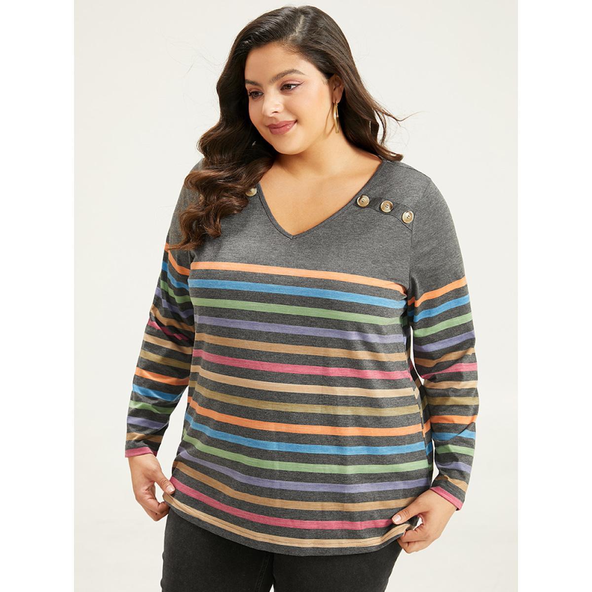 Plus Size Striped V Neck Button Detail Raglan Sleeve T-shirt Gray Women Casual Button Striped V-neck Dailywear T-shirts BloomChic 18-20/2X Product Image