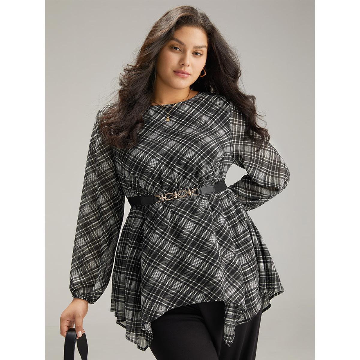 Plus Size Black Plaid Chiffon Lantern Sleeve Hanky Hem Blouse Women Office Long Sleeve Round Neck Work Blouses BloomChic 30/6X Product Image