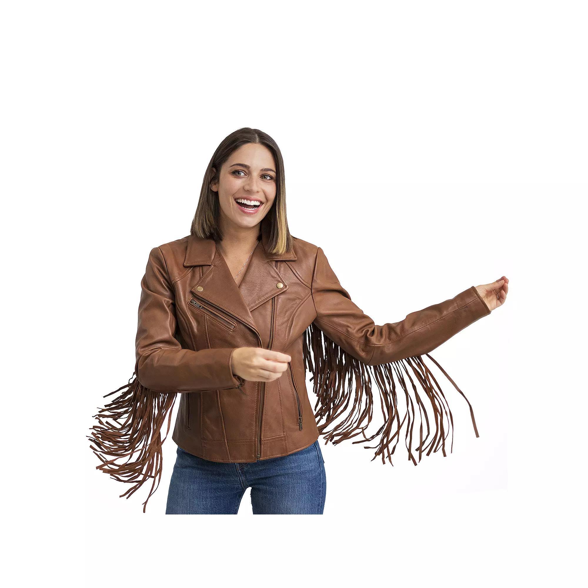 Plus Size Whet Blu Daisy Fringed Asymmetrical Moto Leather Jacket, Women's, Size: 4XL, Red Product Image