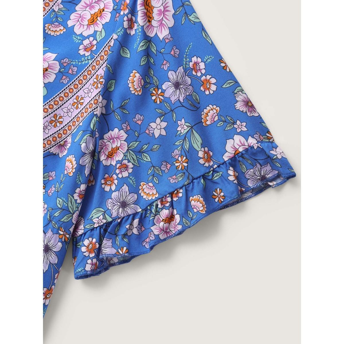 Plus Size Skyblue Asymmetrical Floral Print V-Neck Blouse Women Short sleeve V-neck Vacation Blouses BloomChic 28/5X Product Image