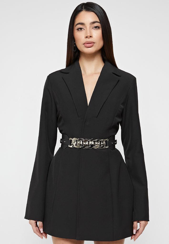 Chain Belted Blazer Dress - Black Female Product Image