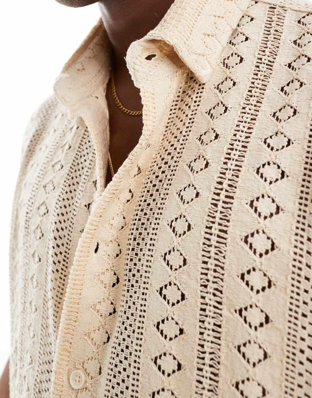Bershka embroidered textured shirt in ecru Product Image