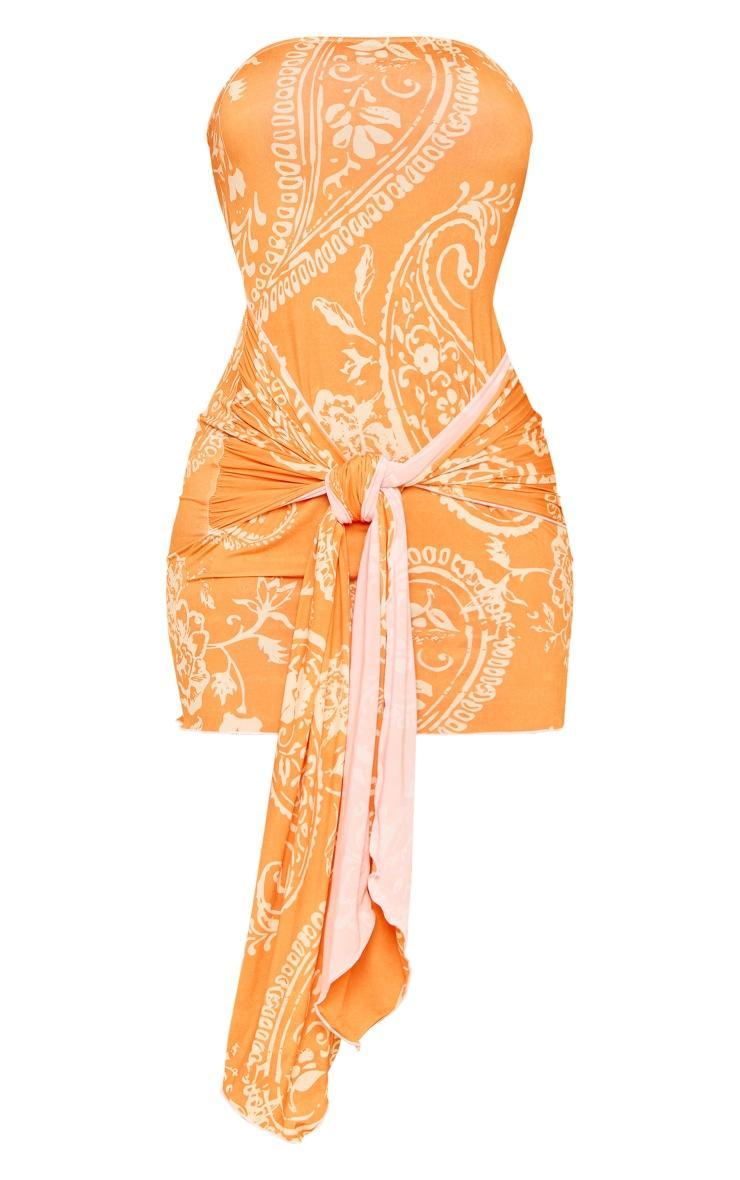  Orange Paisley Slinky Wrap Drape Bandeau Bodycon Dress Product Image