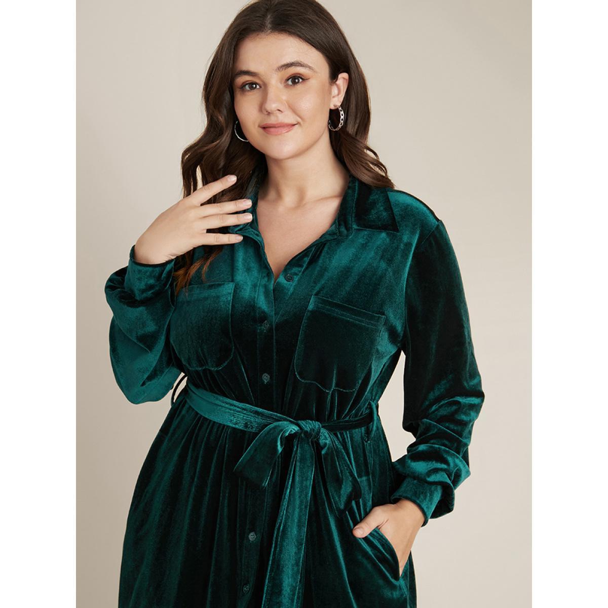 Plus Size Solid Shirt Collar Pocket Button Up Belted Velvet Dress DarkGreen Women Party Shirt collar Long Sleeve Curvy Midi Dress BloomChic 10/M Product Image