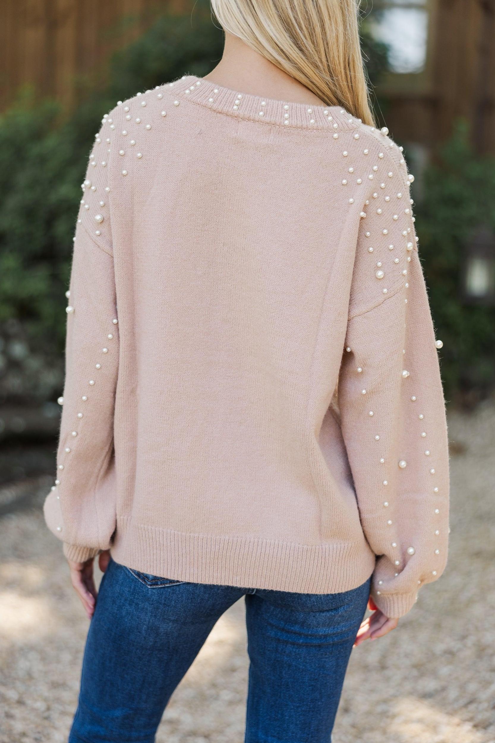 Can't Help But Love Latte Brown Pearl Studded Sweater Female Product Image