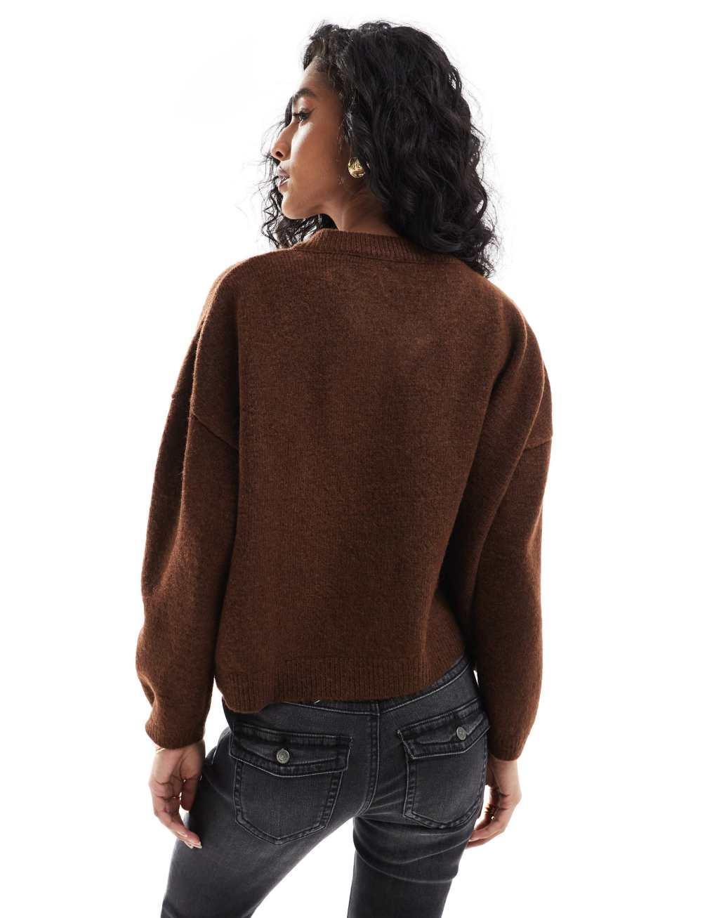 ASOS DEISGN fluffy knit v neck sweater in chocolate brown Product Image