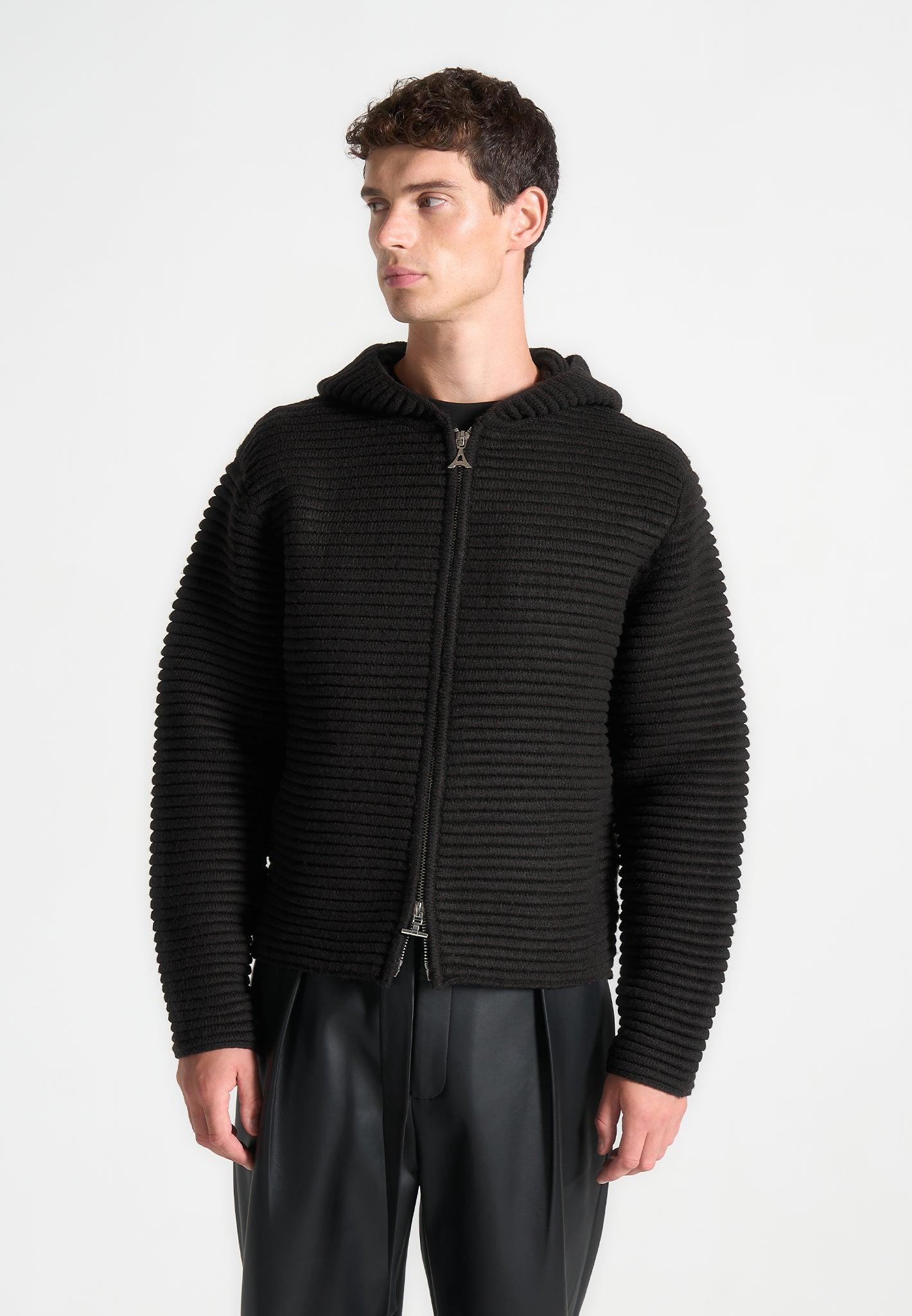 Ribbed Knit Zip Up Hoodie - Black Male Product Image