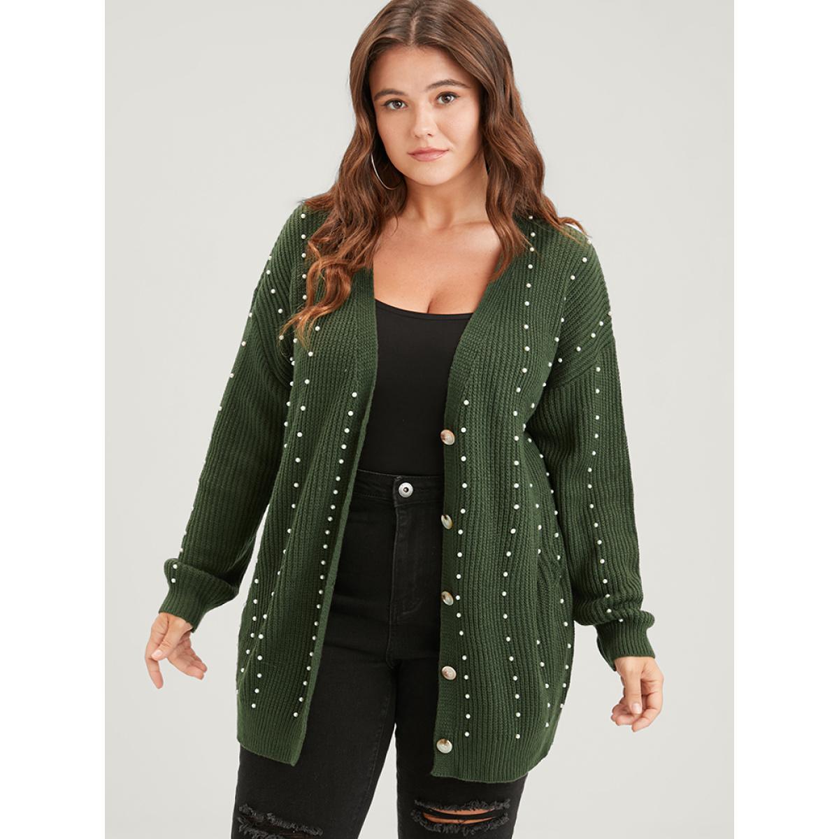 Plus Size Plain Pointelle Knit Pearls Beaded Button Front Cardigan ArmyGreen Women Casual Loose Long Sleeve Dailywear Cardigans BloomChic 10/M Product Image