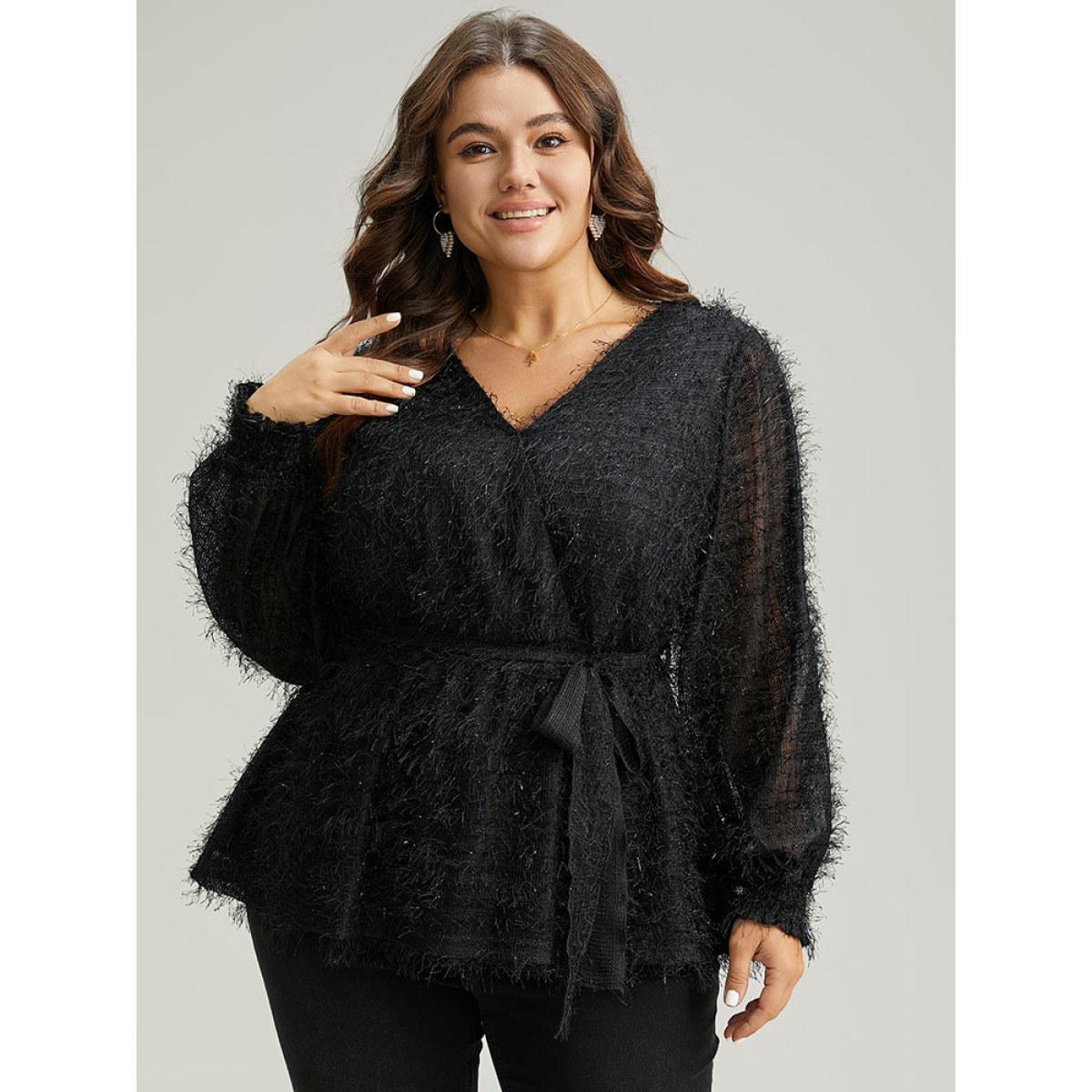 Plus Size Black Solid Tassel Mesh Patchwork Belted Wrap Blouse Women Glamour Long Sleeve Overlap Collar Festival-Christmas Blouses BloomChic 12/L Product Image