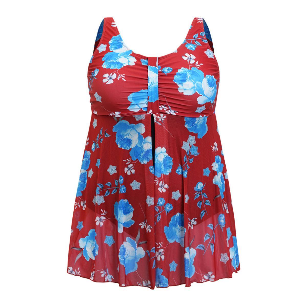 Plus Size Floral Print Split Front Ruched A Line Swim Dress Women's Swimwear Red Vacation Bodycon Round Neck High stretch Curve Swim Dresses BloomChic 12/L Product Image