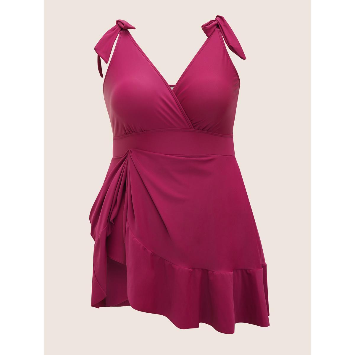 Plus Size Solid Tie Knot Pocket Ruffles Swim Dress Women's Swimwear RedViolet Beach Bodycon Overlap Collar High stretch Curve Swim Dresses BloomChic 14-16/1X Product Image
