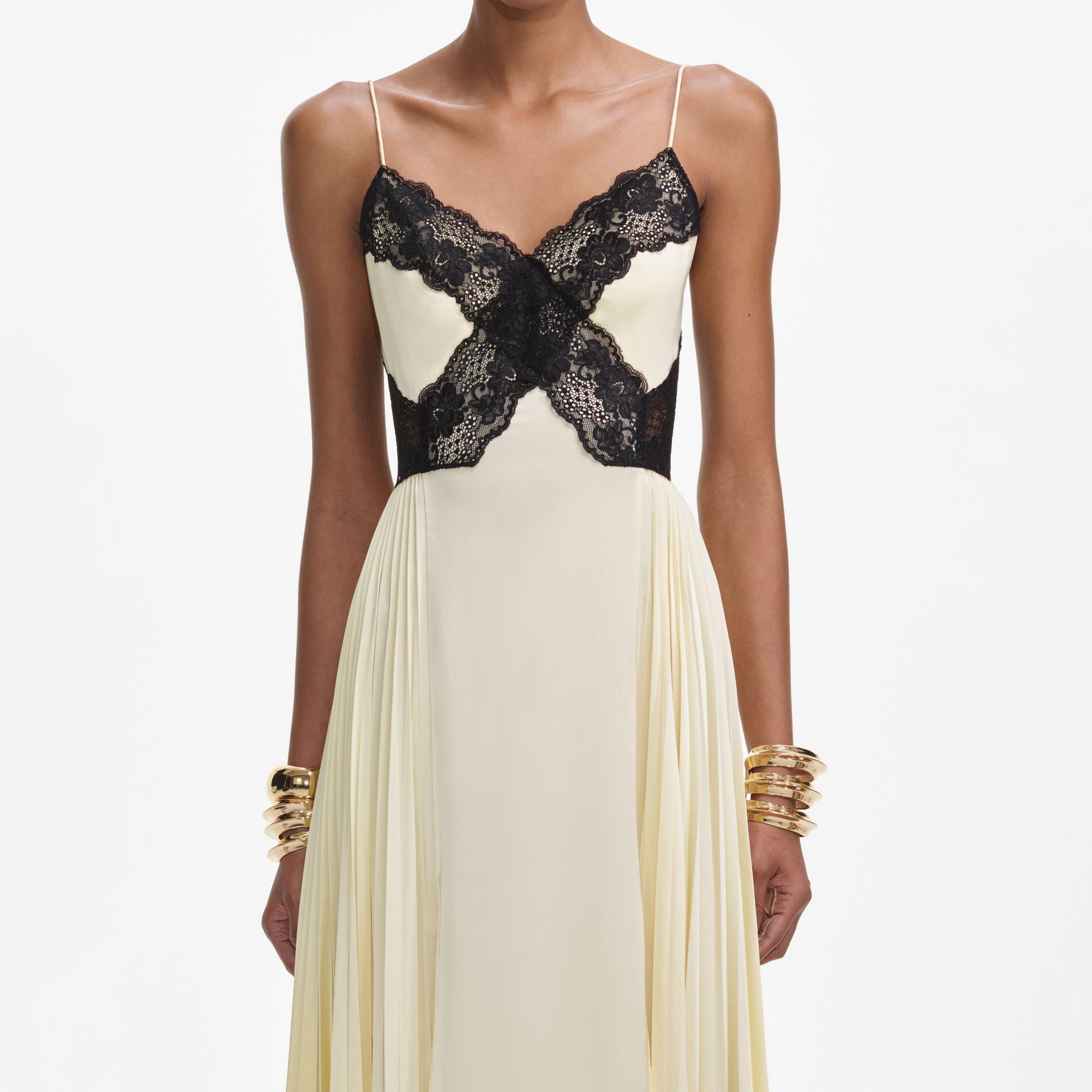 Yellow Satin Lace Maxi Dress Product Image