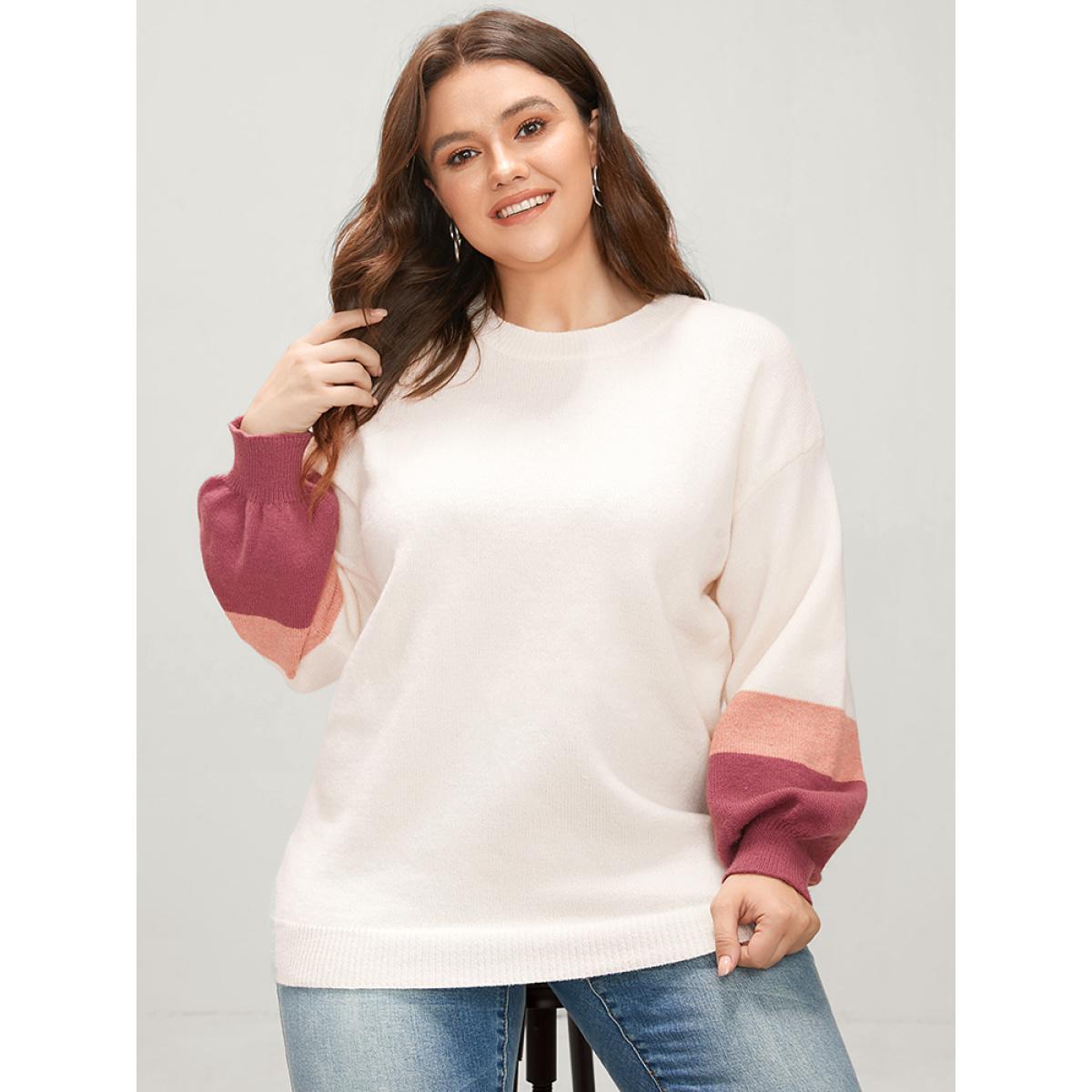 Plus Size Colorblock Contrast Soft Pointelle Knit Lantern Sleeve Knit Top Ivory Women Casual Loose Long Sleeve Round Neck Dailywear Pullovers BloomChic 10/M Product Image