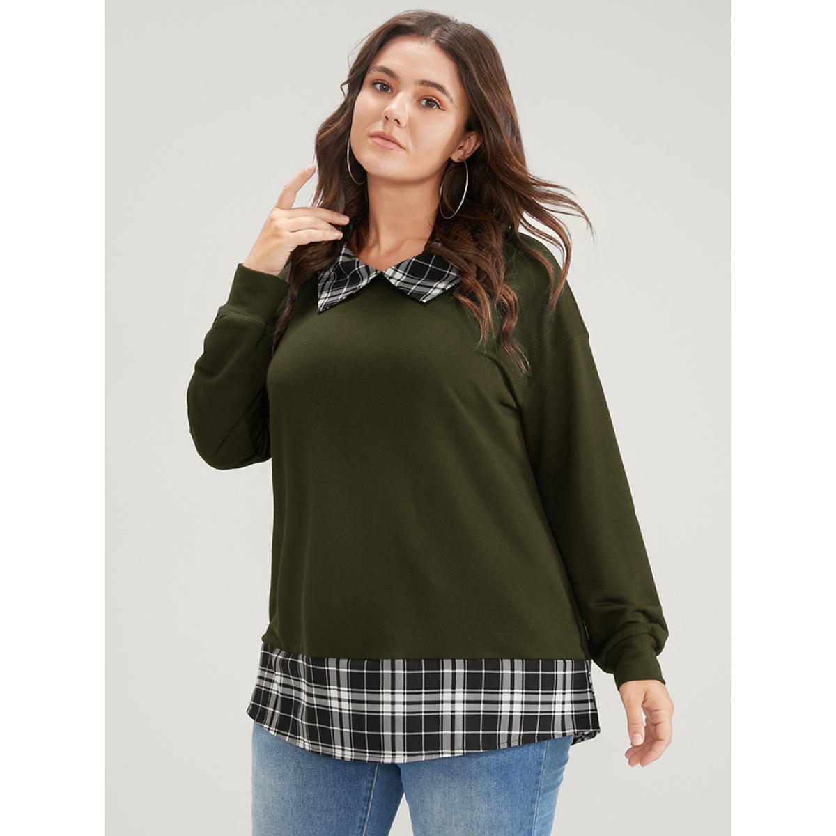 Plus Size Plaid Print Drop Shoulder 2-In-1 Sweatshirt Women ArmyGreen Casual Lapel Collar Dailywear Sweatshirts BloomChic 14-16/1X Product Image