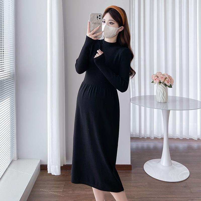 Maternity Long-Sleeve Mock Neck Plain Midi A-Line Knit Dress / Floral Frog Button Sweater Vest Product Image