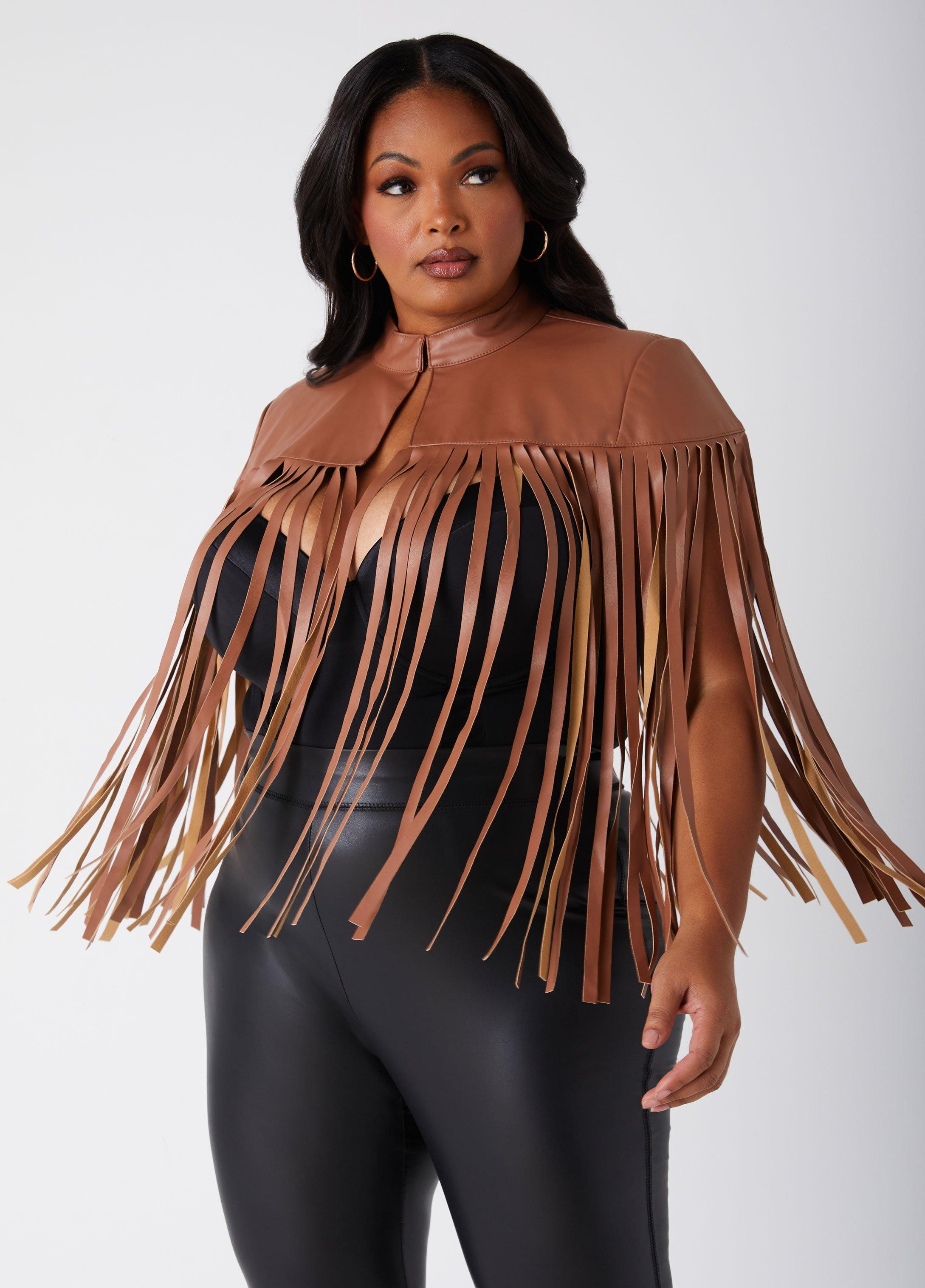Plus Size Fringed Faux Leather Cape Jacket Ashley Stewart Product Image