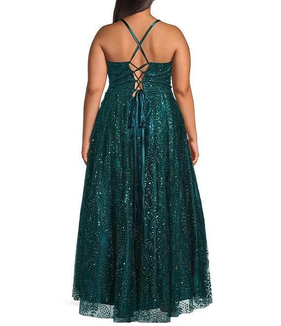 Blondie Nites Plus Size Glitter Dot Pattern Sweetheart Neck Pinch Front Spaghetti Strap Tie Back Ballgown Product Image