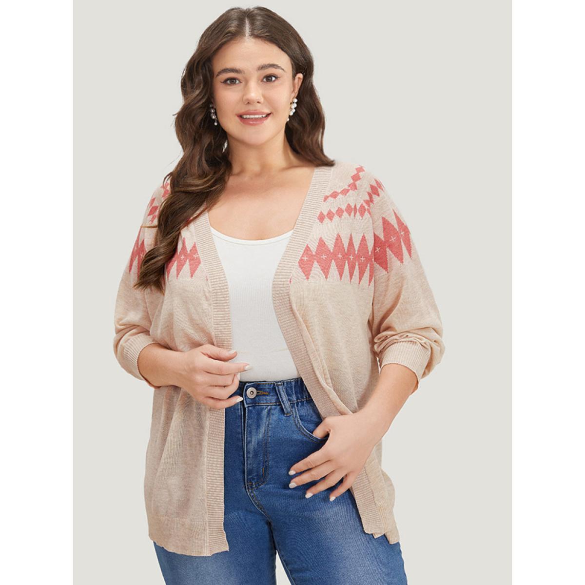 Plus Size Geometric Print Raglan Sleeve Open Front Cardigan Champagne Women Casual Loose Long Sleeve Everyday Cardigans BloomChic 10/M Product Image
