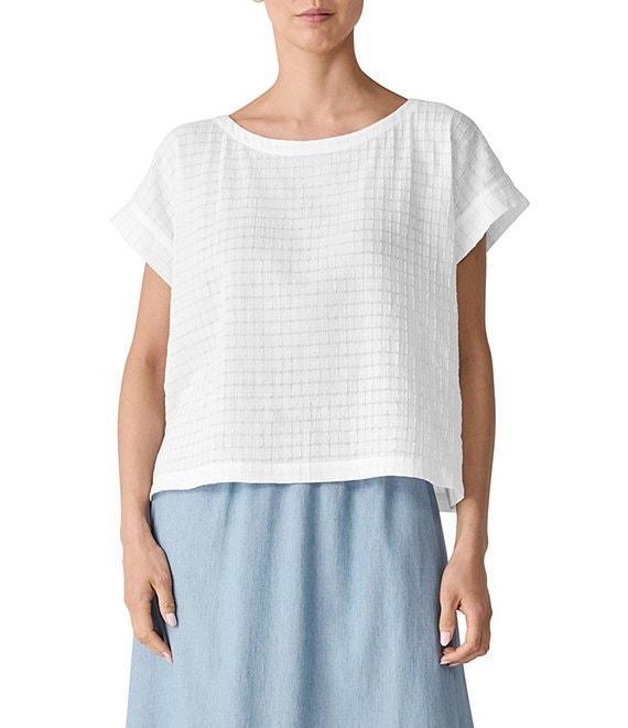 Eileen Fisher Organic Cotton Blend Airy Box Pattern Boat Neck Short Sleeve Top Product Image