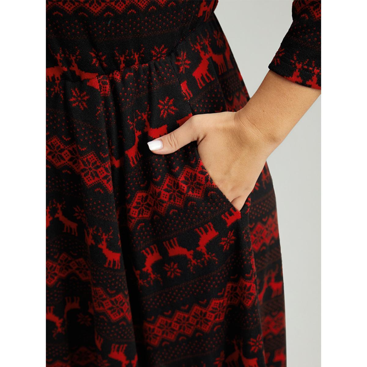 Plus Size Christmas Elk Elastic Waist Hanky Hem Dress Scarlet Women Casual Printed Round Neck Elbow-length sleeve Curvy Midi Dress BloomChic 30/6X Product Image