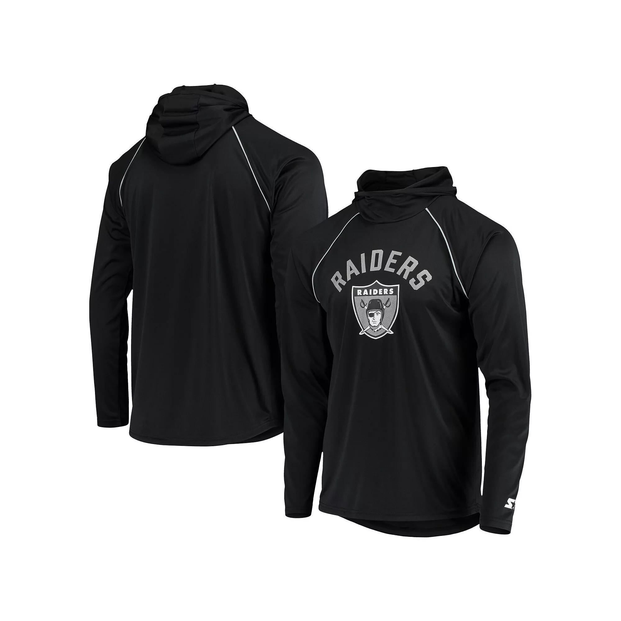 Men's Starter Black Las Vegas Raiders Throwback Raglan Hoodie Long Sleeve T-Shirt, Size: Small, Lvr Black Product Image
