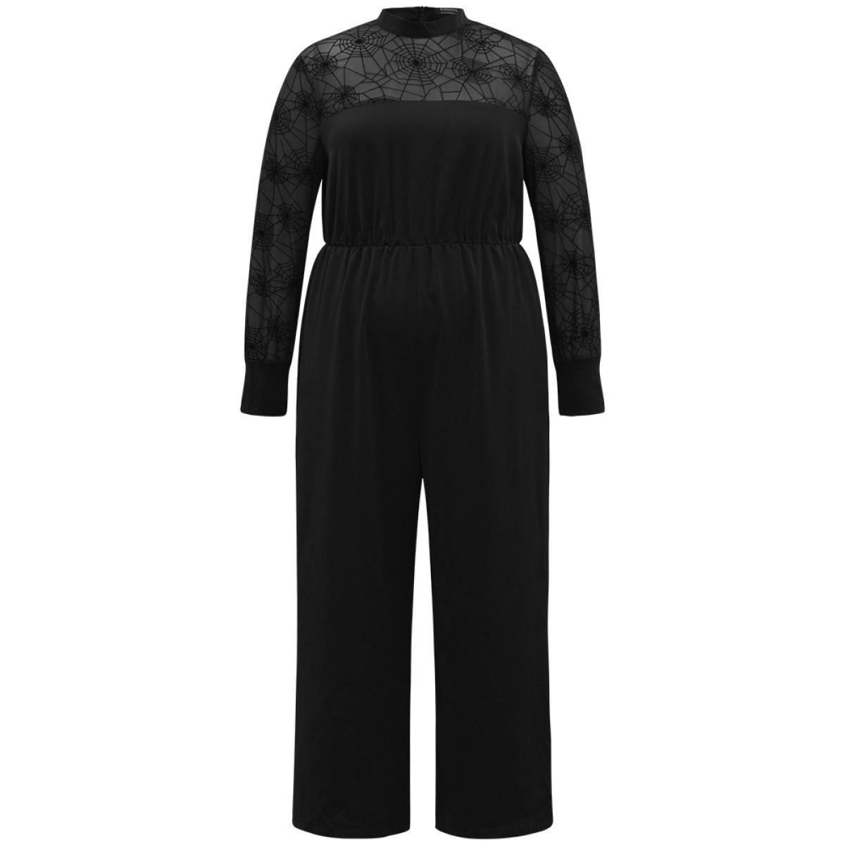 Plus Size Black Halloween Anti-Wrinkle Spider Web Crochet Lace Mesh Jumpsuit Women Glamour Long Sleeve Mock Neck Festival-Halloween Loose Jumpsuits BloomChic 12/L Product Image