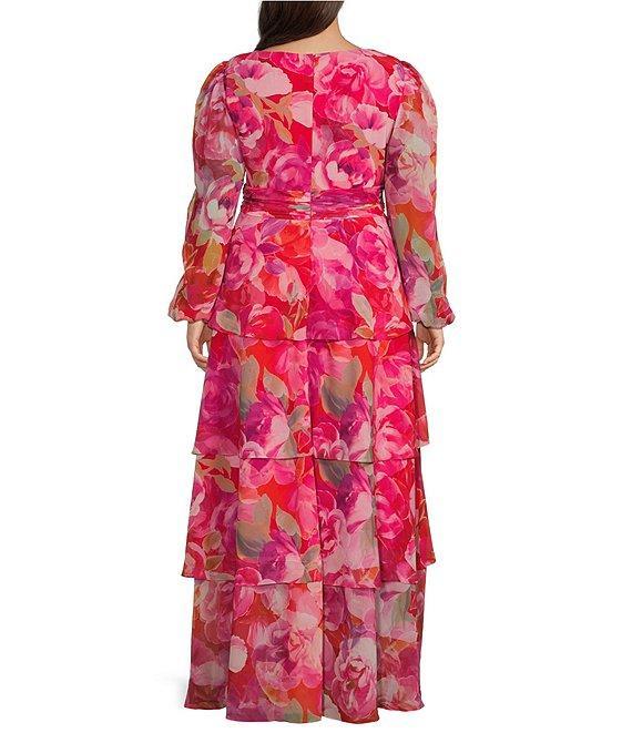 Xscape Plus Size V-Neck Long Sleeve Floral Print Chiffon Dress Product Image