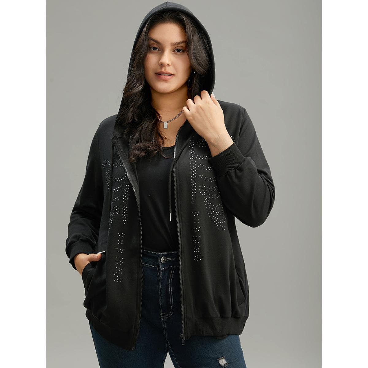 Plus Size Halloween Print Rhinestone Drawstring Hooded Zipper Sweatshirt Women Black Casual Rhinestone detailing Hooded Festival-Halloween Sweatshirts BloomChic 14-16/1X Product Image