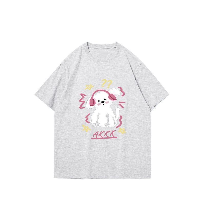 Short Sleeve Dog & Lettering Print Loose-Fit Tee Product Image