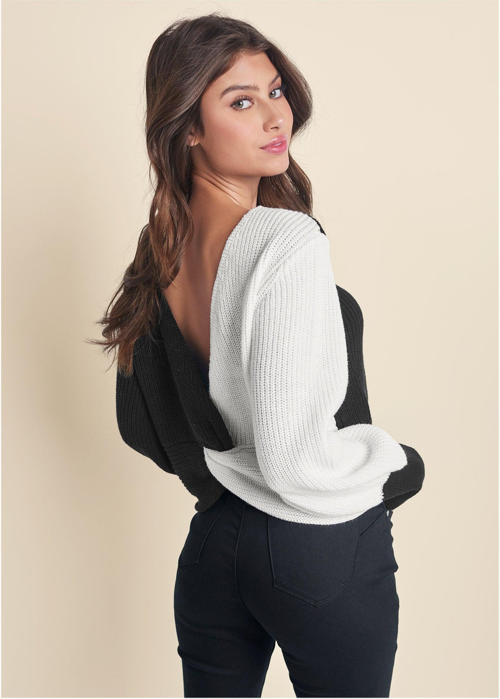 Twist V-Back Sweater - Off White & Black Product Image