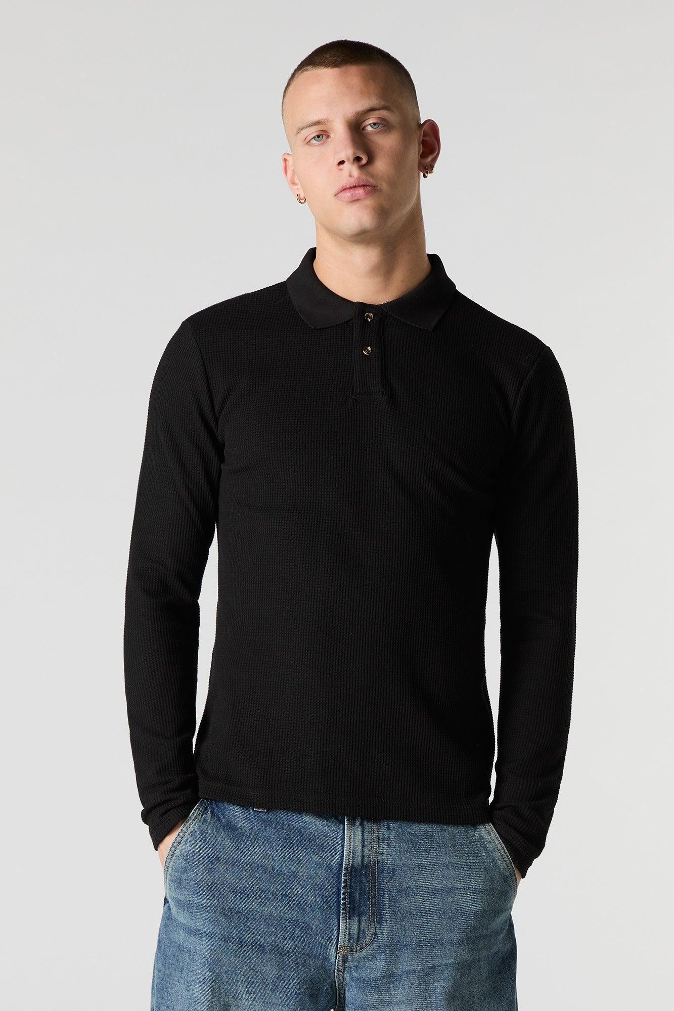 Waffle Knit Long Sleeve Polo Top Male Product Image
