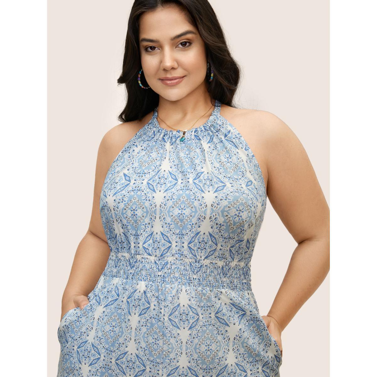Plus Size LightBlue Halter Boho Print Shirred Gathered Jumpsuit Women Resort Sleeveless Halter neck Vacation Loose Jumpsuits BloomChic 10/M Product Image