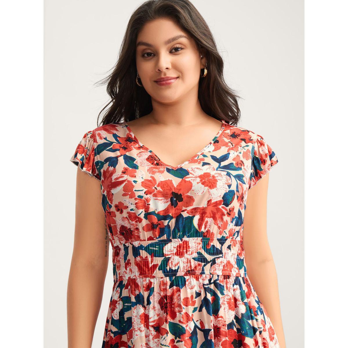 Plus Size Floral Three-Layered Stretchy Waist Midi Dress Coral Women V-neck Cap Sleeve Curvy BloomChic 22-24/3X Product Image