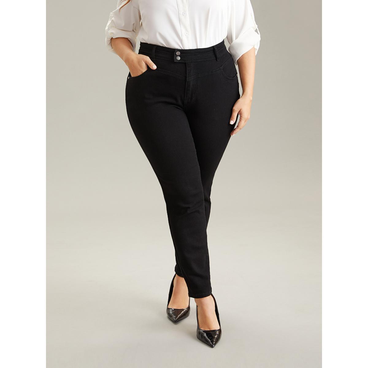Plus Size Plain Black Wash Button Through Jeans Women Black Casual Plain Plain High stretch Pocket Jeans BloomChic 14/1X Product Image