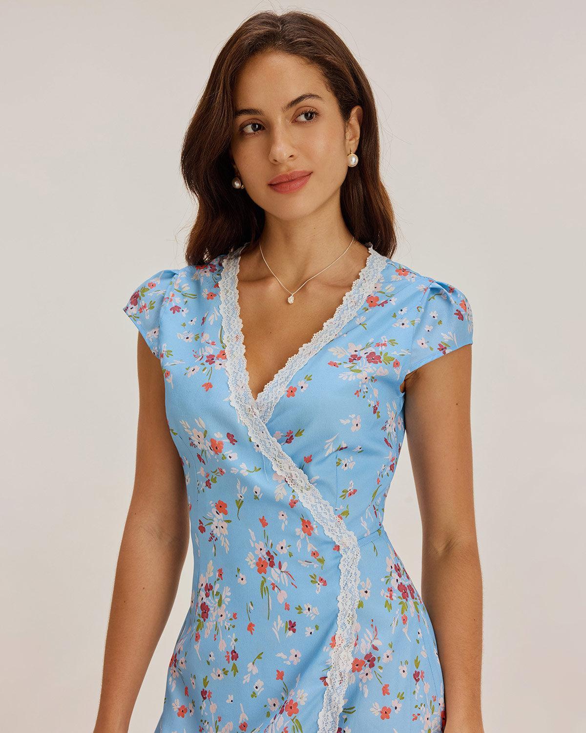 Blue Floral Wrap Mini Dress Product Image