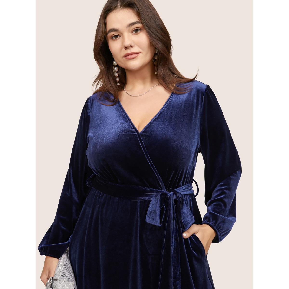 Plus Size Solid Velvet Belted Wrap Arc Hem Dress DarkBlue Women Elegant Elastic cuffs Overlap Collar Long Sleeve Curvy Midi Dress BloomChic 22-24/3X Product Image